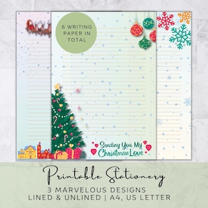 Cancelleria natalizia stampabile con Babbo Natale, carta da lettere per bambini, cancelleria foderata sfoderata, carta per appunti carina per iPad, pagina di pianificazione del diario