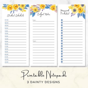 Printable Student Planner for Schedule, Subject Notes, and Homework Lists,   School Notepad, Floral Daily Planner, To do list, Note Taking