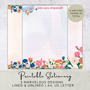 Blumen Blüten druckbares Briefpapier, liniertes Briefpapier, Brief-Schreib-Set, niedlicher digitaler Notizblock, unliniert, Planer Journal Seite, A4 USL