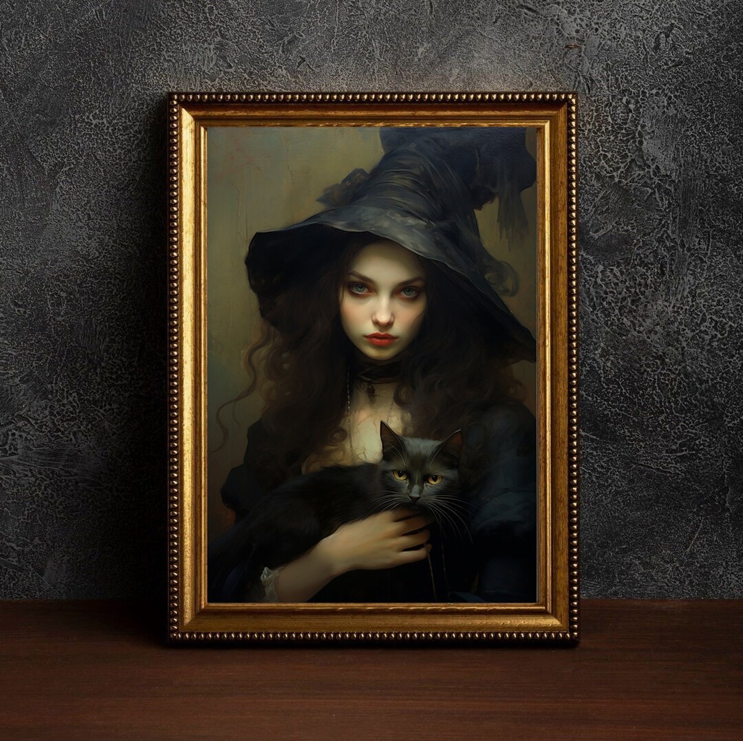 Witch and Black Cat Printable, Halloween Witch Cat Art Print, Dark ...