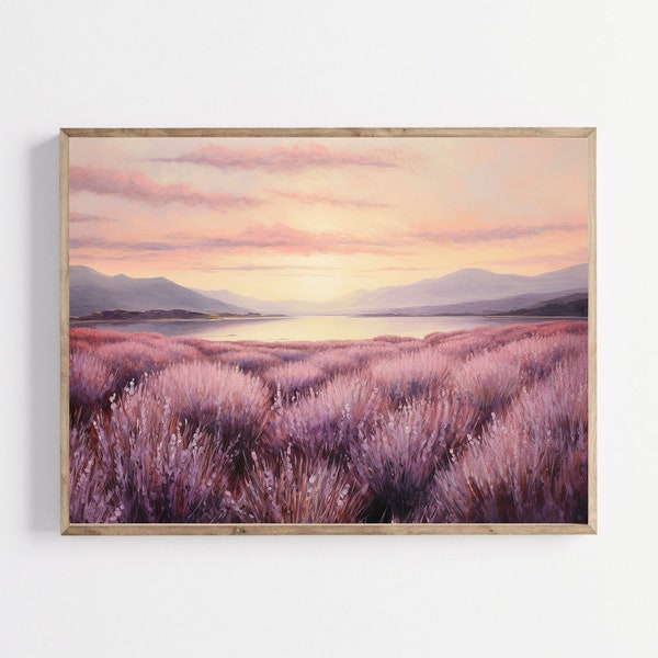 Lavender Field Landscape Oil Painting Printable, Vintage Lavender Print, Country Field Painting, Rustic Country Print, Printable Wall Art