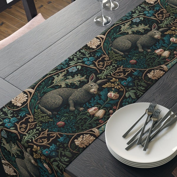 William Morris Inspired Rabbit in a Forest Table Runner | Cottagecore, Forestcore, Forest Rabbit Floral Botanical 72 or 90 Inches
