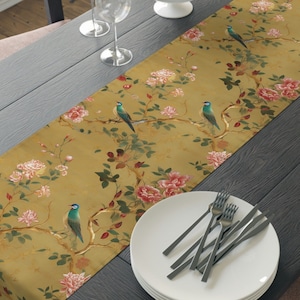 Gold Leaf Gilded Blue Bird Table Runner, Asian-Inspired Bloom, 72"/90" Lengths, Oriental Style, Elegant Dining, Home Decor Centerpiece