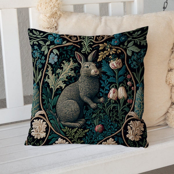 Outdoor Rabbit Pillow William Morris, Forestcore Decor, Water UV Mildew Resistant, Porch Patio Bunny Botanical Cushion, INSERT INCLUDED