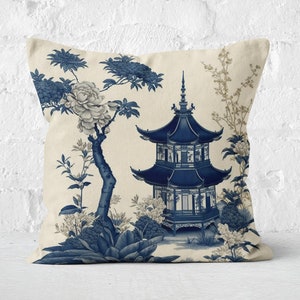 Blue and Cream Pagoda Chinoiserie Pillow | Pagoda Pillow Toile | Williamsburg Chinoiserie Toile Pillow | Asian Decor | Insert Included