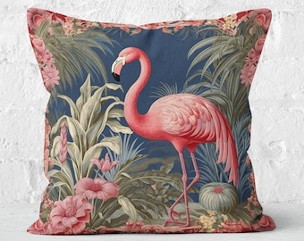 William Morris Inspired Pillow Flamingo Amidst Tropical Florals, Perfect Summer Home Accent, INSERT INCLUDED
