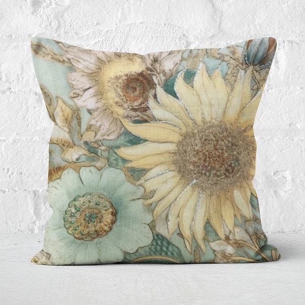 Watercolor Floral Pillow | Teal & Beige Botanical Cushion | Elegant Floral Accent Pillow | Housewarming Gift | INSERT INCLUDED