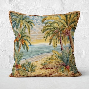 Cuscino da spiaggia tropicale in stile William Morris, palme lussureggianti, eleganza costiera, INSERTO INCLUSO