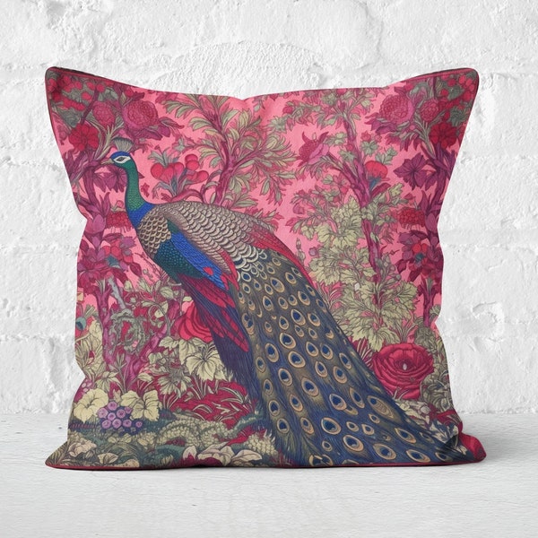 Vibrant Peacock Paradise Pillow - William Morris Inspired, Decorative Pillow, Blossoming Florals on Hot Pink, INSERT INCLUDED