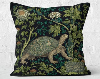 William Morris Inspired Turtle in a Forest Pillow | Cottagecore, Forestcore, Forest Turtle Floral Botanical Design | INSERT INCLUDED