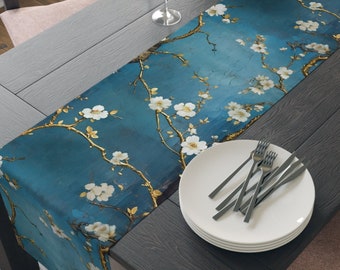 Blue Asian Table Runner, Golden Tree with White Flowers Design, Elegant Dining Decor, Unique Table Linen Accent, 72" or 90"