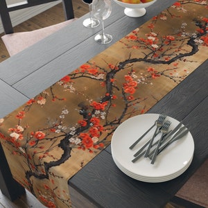 Designer Asian-Inspired Table Runner, Golden Theme with Floral Tree Design, High-Quality Linen Dining Decor, Unique Gift, 72" or 90"