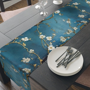 Blue Asian Table Runner, Golden Tree with White Flowers Design, Elegant Dining Decor, Unique Table Linen Accent, 72" or 90"