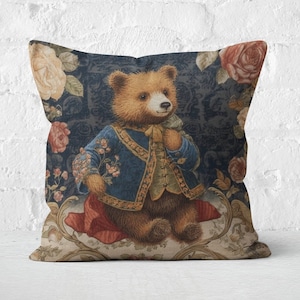 Bezauberndes Teddybär & Rosen Kissen | Blaues Vintage Kissen, Bärenkissen, Vintage Eleganz | INKLUSIVE EINSATZ