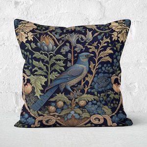 William Morris Inspired Blue-jay in a Forest Pillow | Cottagecore, Forestcore, Blue-jay Bird Floral Botanical Design | INSERT INCLUDED