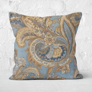 Designer Paisley Damask Pillow Blue & Tan Kravet Latika Inspired, Timeless Housewarming Gift, Kravet Pillow, Latika Pillow, Insert Included