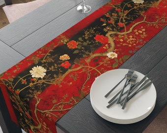 Captivating Asian-Inspired Table Runner Red Black Golden Tree Floral Design, Unique Linen Dining Decor, Stylish Home Gift, 72&quot; or 90&quot;