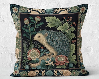 Charming Hedgehog Pillow, William Morris Inspired, Forest Floral Art, Decorative Hedgehog Cushion, INSERT INCLUDED