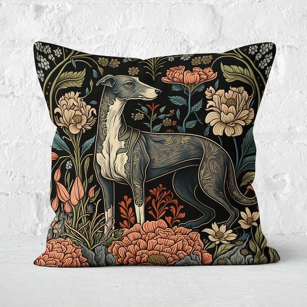 William Morris Inspired Greyhound Pillow | Cottagecore, Forestcore, Dog Lover Pillow, Forest Floral Botanical Pillow | INSERT INCLUDED