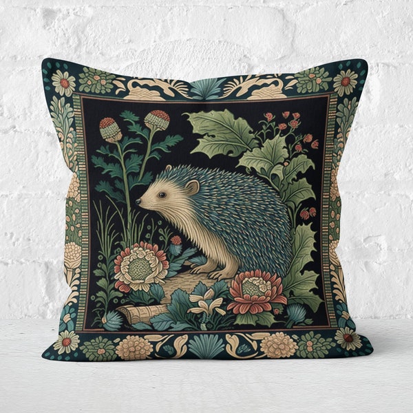 Charming Hedgehog Pillow, William Morris Inspired, Forest Floral Art, Decorative Hedgehog Cushion, INSERT INCLUDED