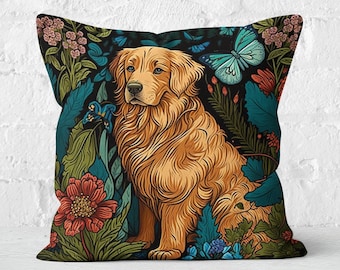 Golden Retriever Garden Pillow | William Morris Inspired Golden Retriever Pillow, Floral Botanical Cushion, Dog Lover Gift | INSERT INCLUDED