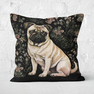 Pug Floral Pillow - Vintage Shabby Chic Beige Black Green, Perfect Gift for Pug Mom, Pug Lover Gift, Insert Included