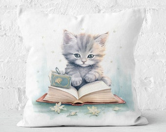 Cat Baby Gift, Storytime Kitten Cushion, Cat Nursery Decor, Kitten Throw Pillow, Cat Pillow for Kids, Whimsical Kitten, INSERT INCLUDED