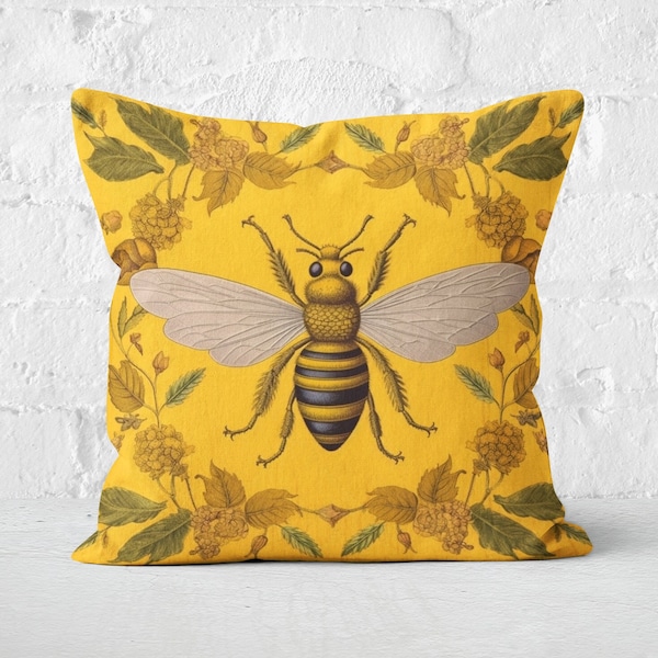 Yellow Bee Pillow William Morris Inspired, Bee and Green Floral Design, Vintage Yellow Decorative Accent, Insert Included