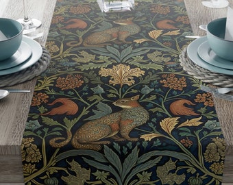 William Morris Inspired Squirrel in a Forest Table Runner | Cottagecore, Forestcore, Forest Squirrel Floral Botanical Design 72 or 90 Inches