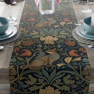 William Morris Inspired Squirrel in a Forest Table Runner | Cottagecore, Forestcore, Forest Squirrel Floral Botanical Design 72 or 90 Inches