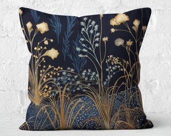 Midnight Blossom Blue Floral Pillow, Magical Blue Night Floral Design, Enchanting Home Decor Accent, INSERT INCLUDED