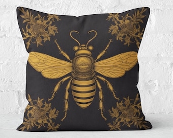 Victorian Style Gold Bee Pillow, Yellow Black Decorative Accent, William Morris Inspired Design, Insert Included