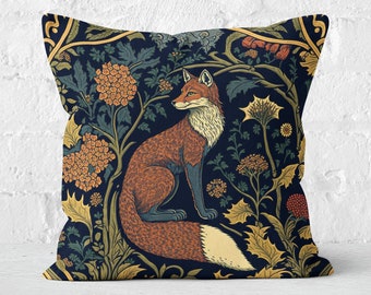 Fox Pillow | William Morris Inspired Fox in a Forest Pillow | Cottagecore, Forestcore, Forest Fox Floral Botanical Pillow | INSERT INCLUDED