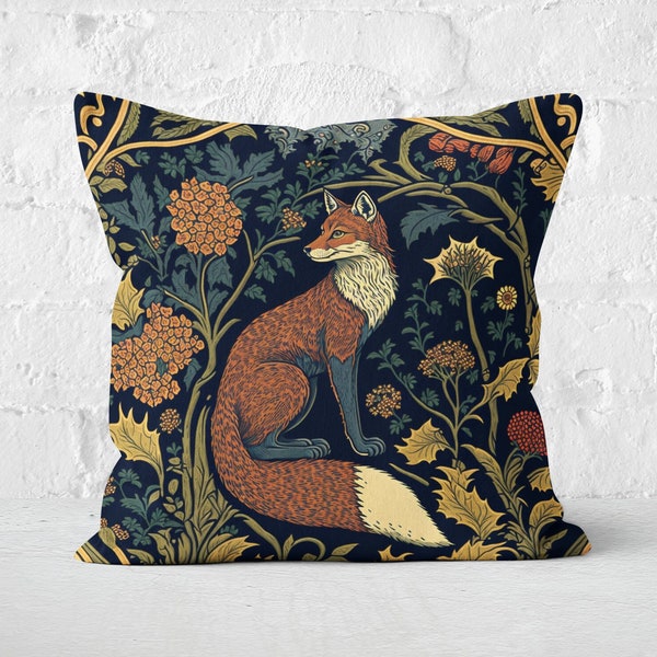 Fox Pillow | William Morris Inspired Fox in a Forest Pillow | Cottagecore, Forestcore, Forest Fox Floral Botanical Pillow | INSERT INCLUDED