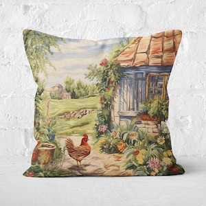 Summer Farm Scene Decorative Pillow, Rooster Accent, Country Charm, Farmhouse Decor, Unique Gift, INSERT INCLUDED