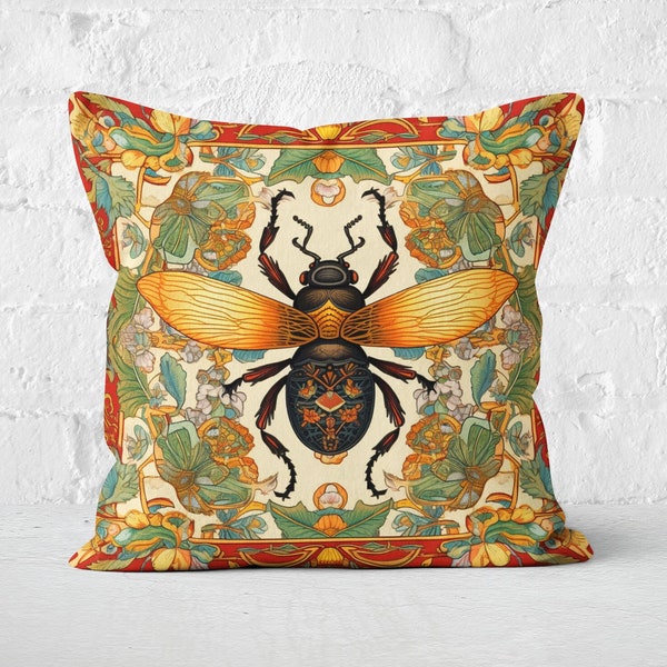 Vintage Floral Beetle Pillowcase, Red & Gold William Morris Inspired, Decorative Home Accent | CASE ONLY