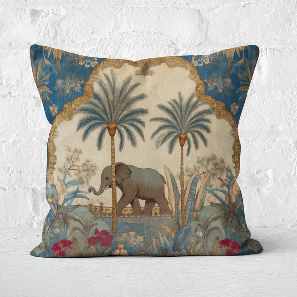 Blue Elephant Pillow | Blue & Gold Floral Elephant Cushion | Playful Elephant Nursery, Housewarming Gift, Cottagecore Decor, INSERT INCLUDED