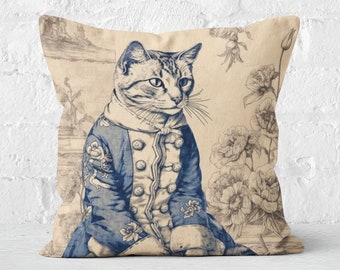 Charmant Chat Toile Decorative Pillow - French Blue Feline Elegance Decorative Pillow, French Toile, INSERT INCLUDED