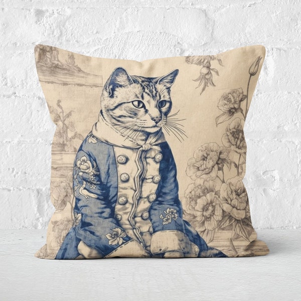 Charmant Chat Toile Decoratief Kussen - Frans Blauw Feline Elegance Decoratief Kussen, Frans Toile, INSERT INBEGREPEN