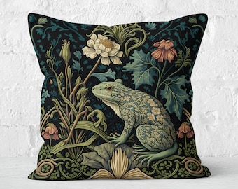 William Morris Frog in a Forest Pillow | Frog Pillow, Cottagecore, Floral Pillow, Forest Frog Floral Botanical Design | INSERT INCLUDED