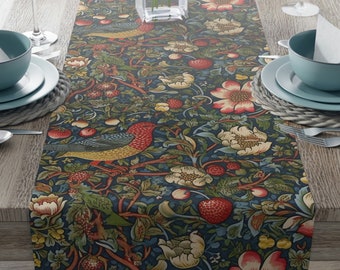 WM Strawberry Thief Table Runner - William Morris Inspired Cottagecore Table Runner, Farmhouse Table Runner, Cottagecore Decor, 72" or 90"