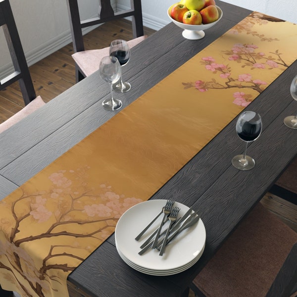 Kirschblüten Asiatisch Zen Tischläufer, Elegante Rosa Florale Tischwäsche, Ruhiges Wohn Dekor, Geschenk für Naturliebhaber, 72"oder 90"