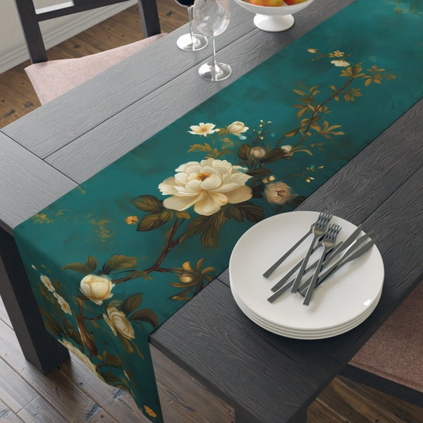 Midnight Garden Grace Table Runner, Teal & Taupe, Sophisticated Centerpiece, Elegant Gift, #SHP1913, 72" or 90"