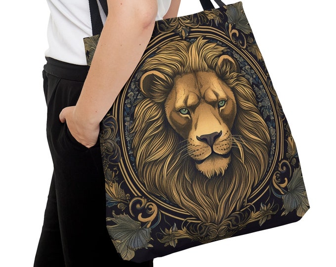 Golden Lion Fantasy Tote Bag, Versatile Shoulder Bag, William Morris Inspired, Perfect Gift for Leos, Leo Zodiac Tote