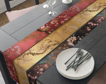 Stunning Designer Asian Table Runner, Crimson Red, Gold, Blue, Black, Luxury Dining Decor, Elegant Table Linen Masterpiece, 72" or 90"