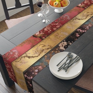 Superbe chemin de table asiatique design, rouge cramoisi, or, bleu, noir, décoration de salle à manger de luxe, chef-d&#39;œuvre élégant en lin de table, 72&quot; ou 90&quot;
