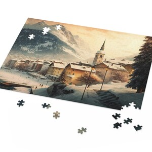 Swiss Winter Village Jigsaw Puzzle (120, 252, 500-Piece) Adult Jigsaw Puzzles, Unique Puzzle, Cottagecore Puzzle