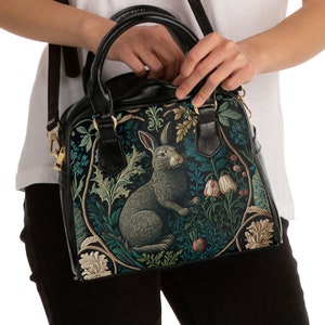 Bolso de hombro con diseño de conejo y bosque de William Morris / Cottagecore, Forestcore, conejito de Pascua, diseño floral botánico, accesorio elegante