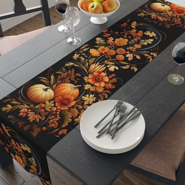Thanksgiving Table Runner Classic Autumnal Beauty Golden Pumpkins & Floral Harmony, Essential Thanksgiving Table Decor, 72" or 90"