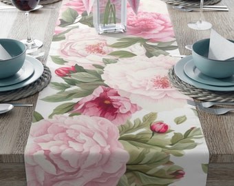 Vivid Pink & White Peonies Table Runner - Watercolor Floral Design, Elegant Dining Decor, Spring and Summer Table Accent, 72 or 90 Inches